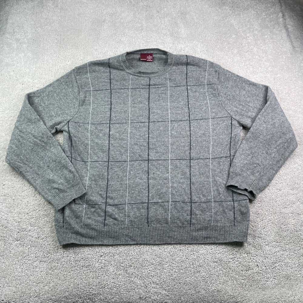 Merona Sweater Mens XL Gray Windowpane Check Lambswool Blend Crewneck Pullover